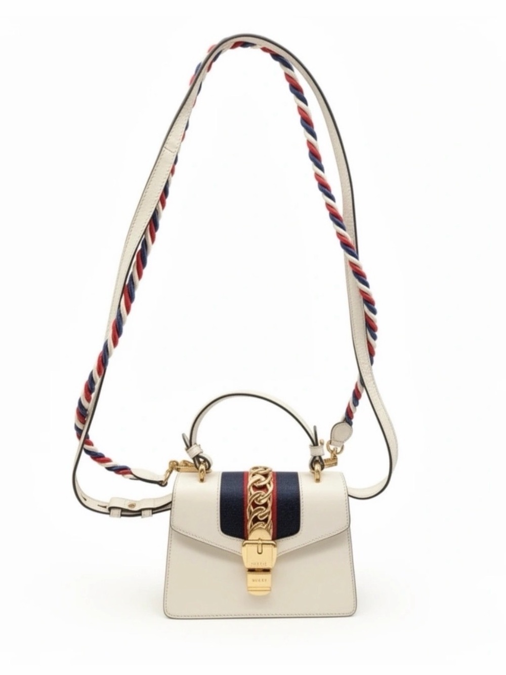 Gucci Sylvie small Cream Leather Top Handle Crossbody Bag with Red & Blue Strap